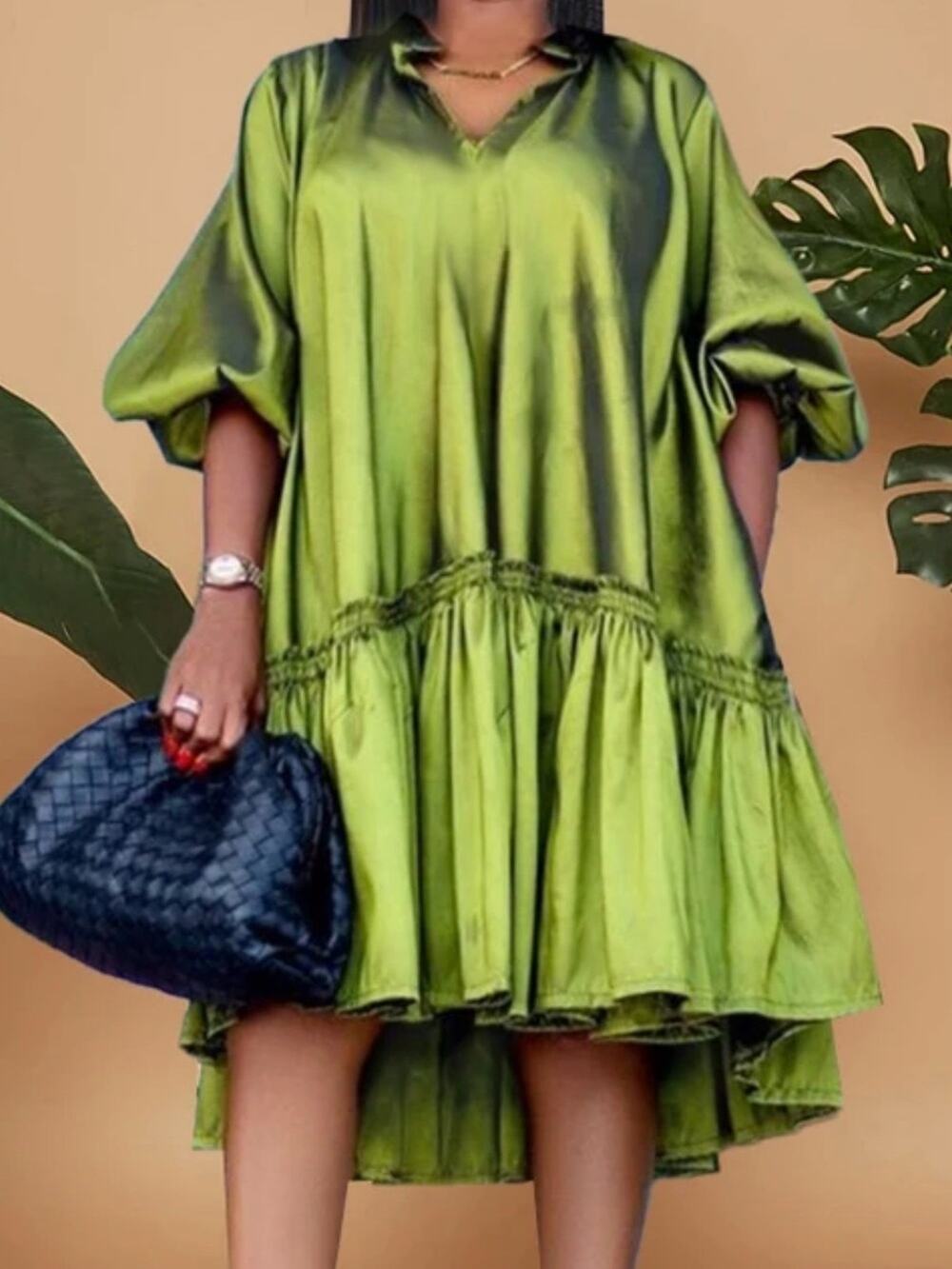 Lime Green Metallic Sheen V-Neck Ruffle Hem Mini Dress NWT Oversized  M/L